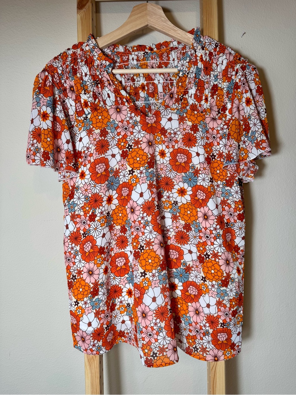 Retro 70s Floral Smocked Chiffon V-Neck Blouse Small